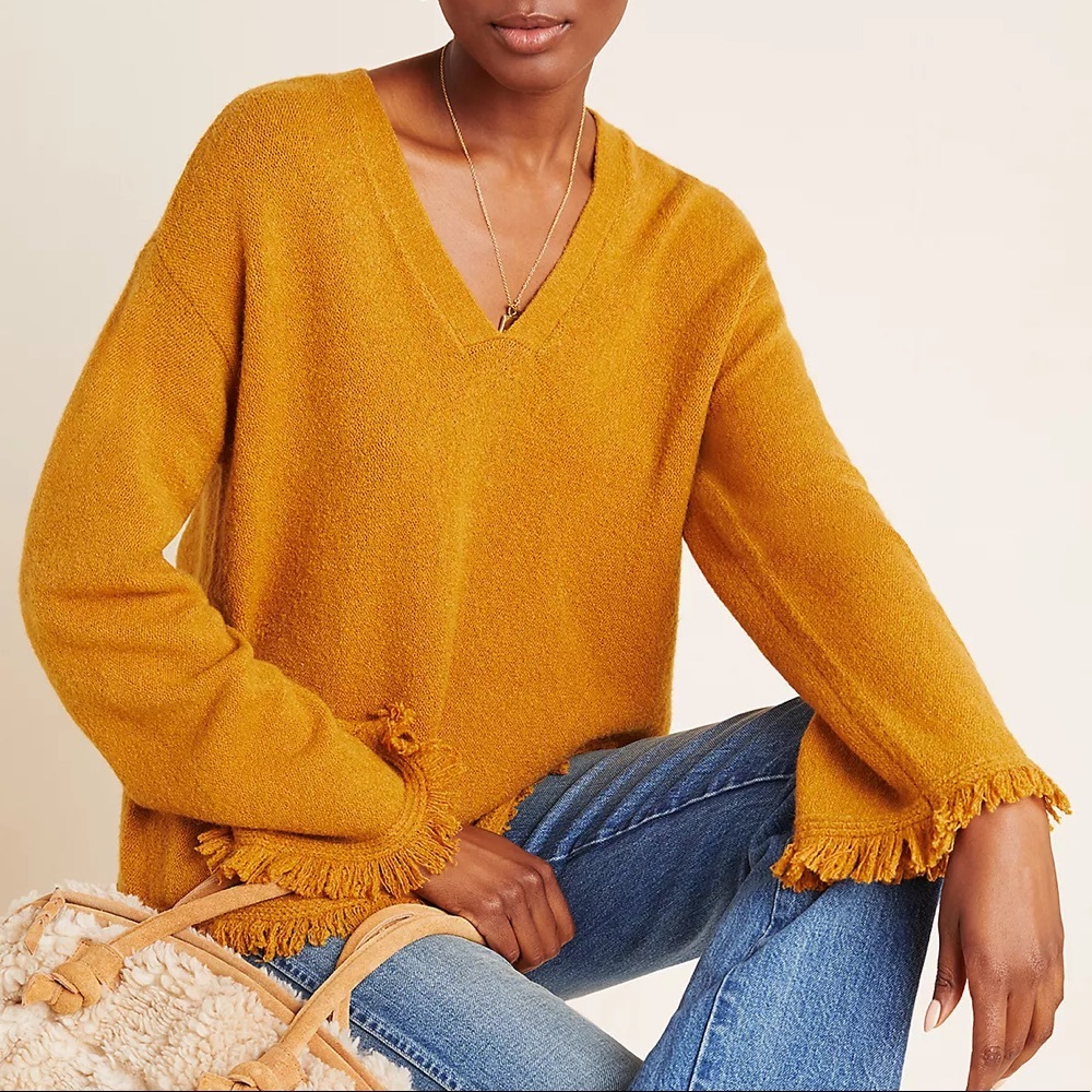 Anthropologie Joy Fringe V-Neck Sweater Size XS